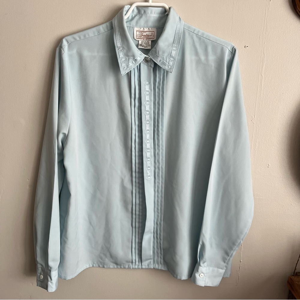 3/$40 Light Blue Vintage Traditions Button Down Blouse